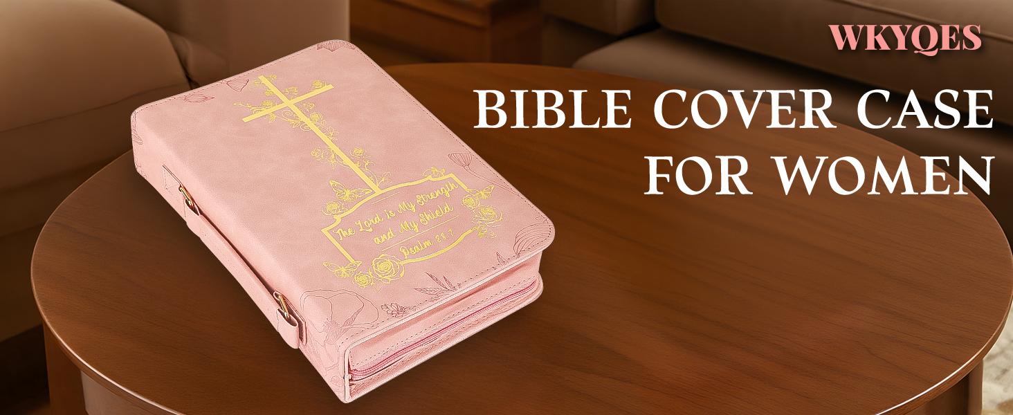 Bible Cover Case for Women，Large PU Leather Debossed Scripture Cover with Cross & Rose，Bible Accessories，Bible Carrying Case for Women, Girls, Gifts (Pink Gold)