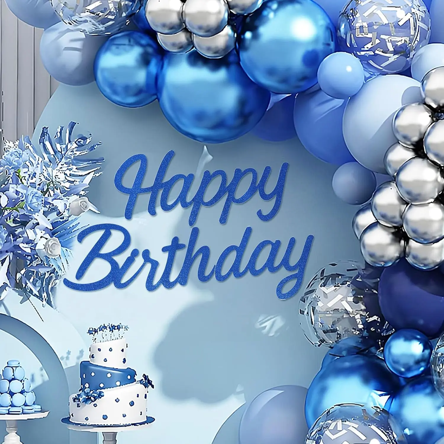 Happy Birthday Sign for Backdrop, Glitter Blue 22 X 14 'Happy Birthday' Decal Letters Sticker Balloon Arch Backdrop for Unisex  Ages Men Women Birthday Party Supplies Decorations