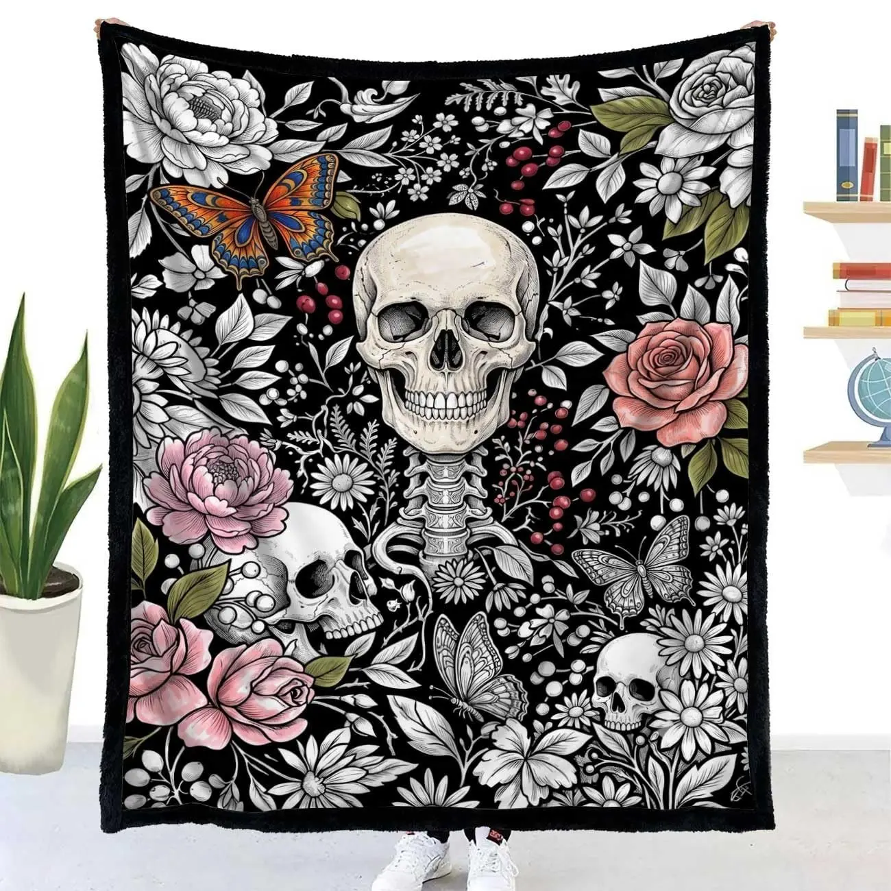 Color Your Own Skull Blanket, Gothic Floral Skeleton Doodle Throw, DIY Adult Coloring Craft, Plush Velvet Backing, Room Decor