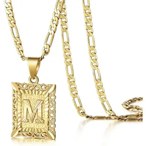 Initial Letter Pendant Necklace for Men Women, 14K Gold Plated Square Capital Monogram Necklace Alphabets from A-Z Figaro Chain Jewelry