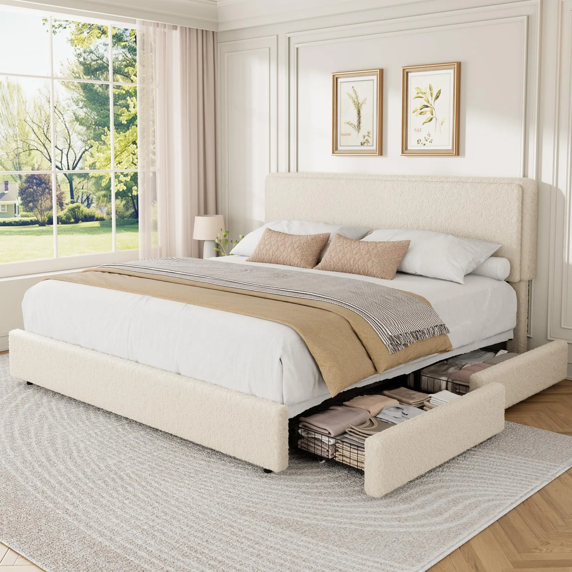 Cozy Cloud Bed Frame, Twin/Full Size Upholstered Platform, Adjustable Headboard, 2 Storage Drawers, Soft soft Fleece Boucle, Modern Bedroom Furniture, Easy Assembly, No Box Spring Needed, Bed With Storage, Storage Platform Bedframe