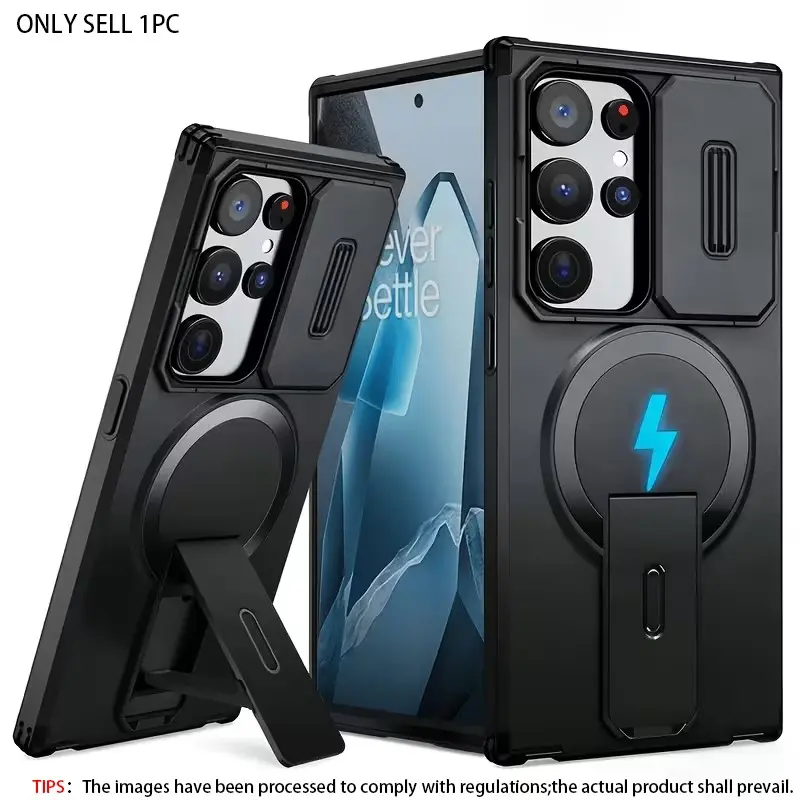 Heavy Duty Protective Shockproof Hard Phone Case with Folding Stand for Samsung Galaxy S26 S25 S24 S23Ultra Plus FE Series S25 Edge  A57 A55 A35 A37 A36 Anti-Drop Case with Sliding Lens Cover Supports Wireless Charging