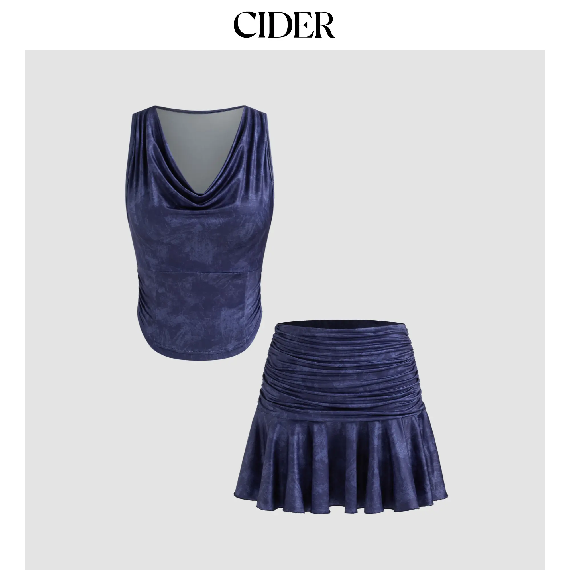 Cider [size 2-10] Cowl Neck Abstract Ruched Crop Tank Top & Low Rise Ruched Ruffle Mini Skirt Set