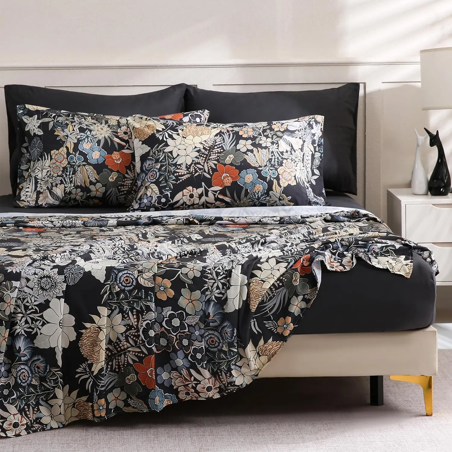 Flower Queen Size 6 Pcs Sheet Set, Breathable Microfiber Deep Black Fitted Sheets, Comfy & Breathable Patterned Flat Sheets,4 Gentle Soft Pillowcases, Midnight Blossoms
