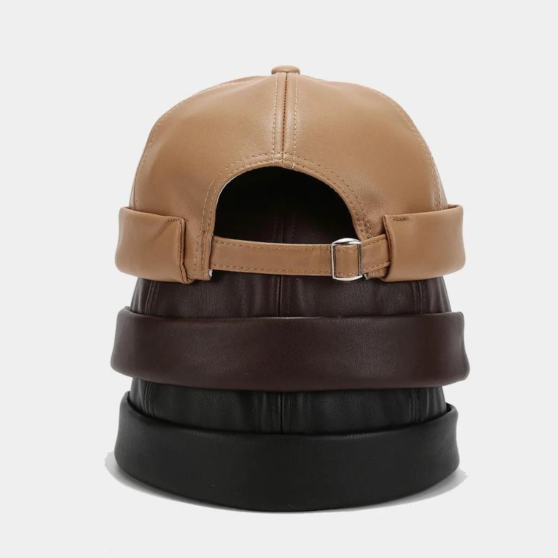 Adjustizable Retro Brimless PU Leather Docker Cap - Solid Color Brimless Hat Suitable for Non-Textile Adjustable Strap Casual & -Casual Wear Ideal for & Sensitive Light Beige
