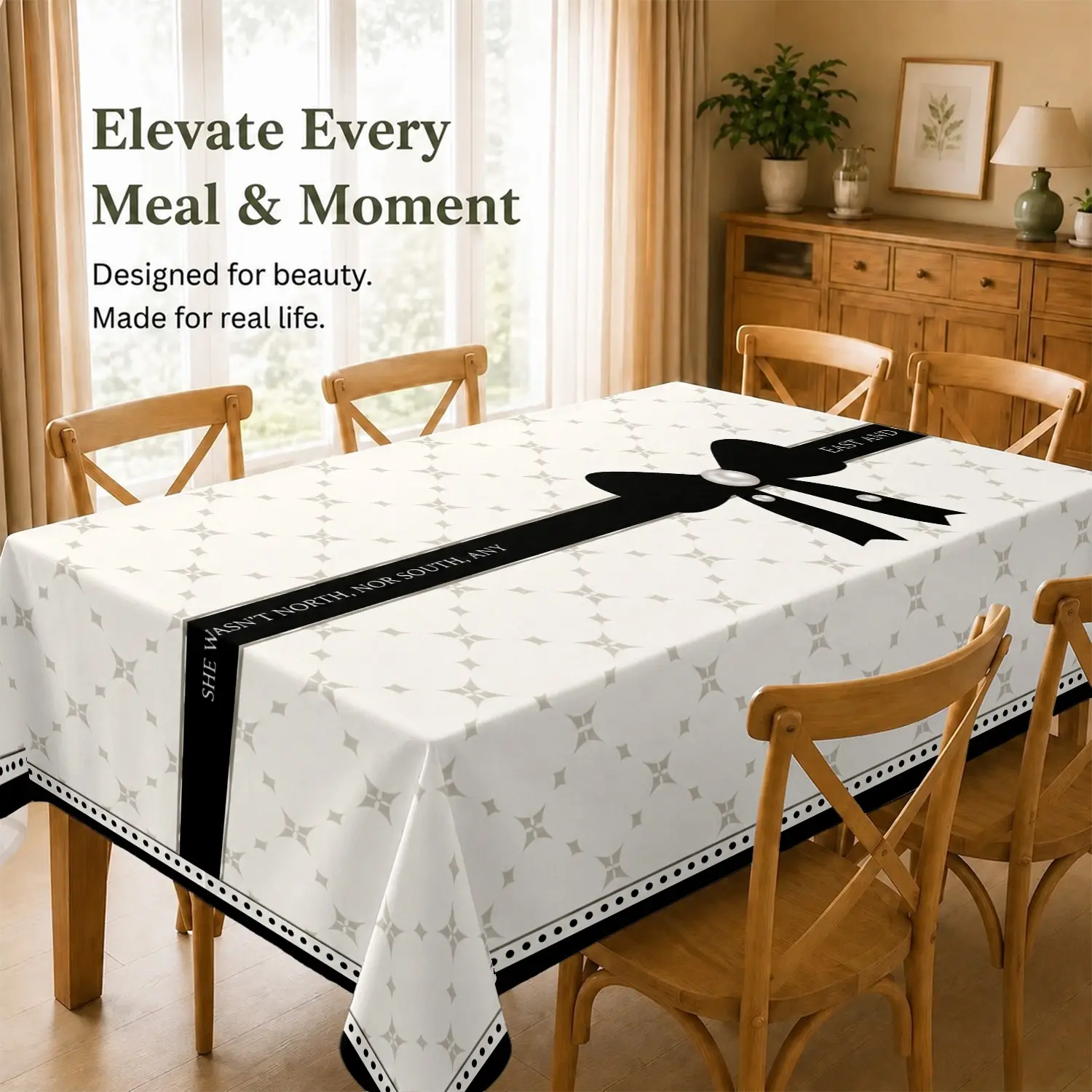 Elegant Black Bow & Pearl Embellished Tablecloth, Classic Ivory Geometric Pattern with Polka Dot Border, Thickened for a Luxurious Soft Touch — Perfect for Bridal Showers, Anniversary Dinners, or Sophisticated Holiday Gatherings