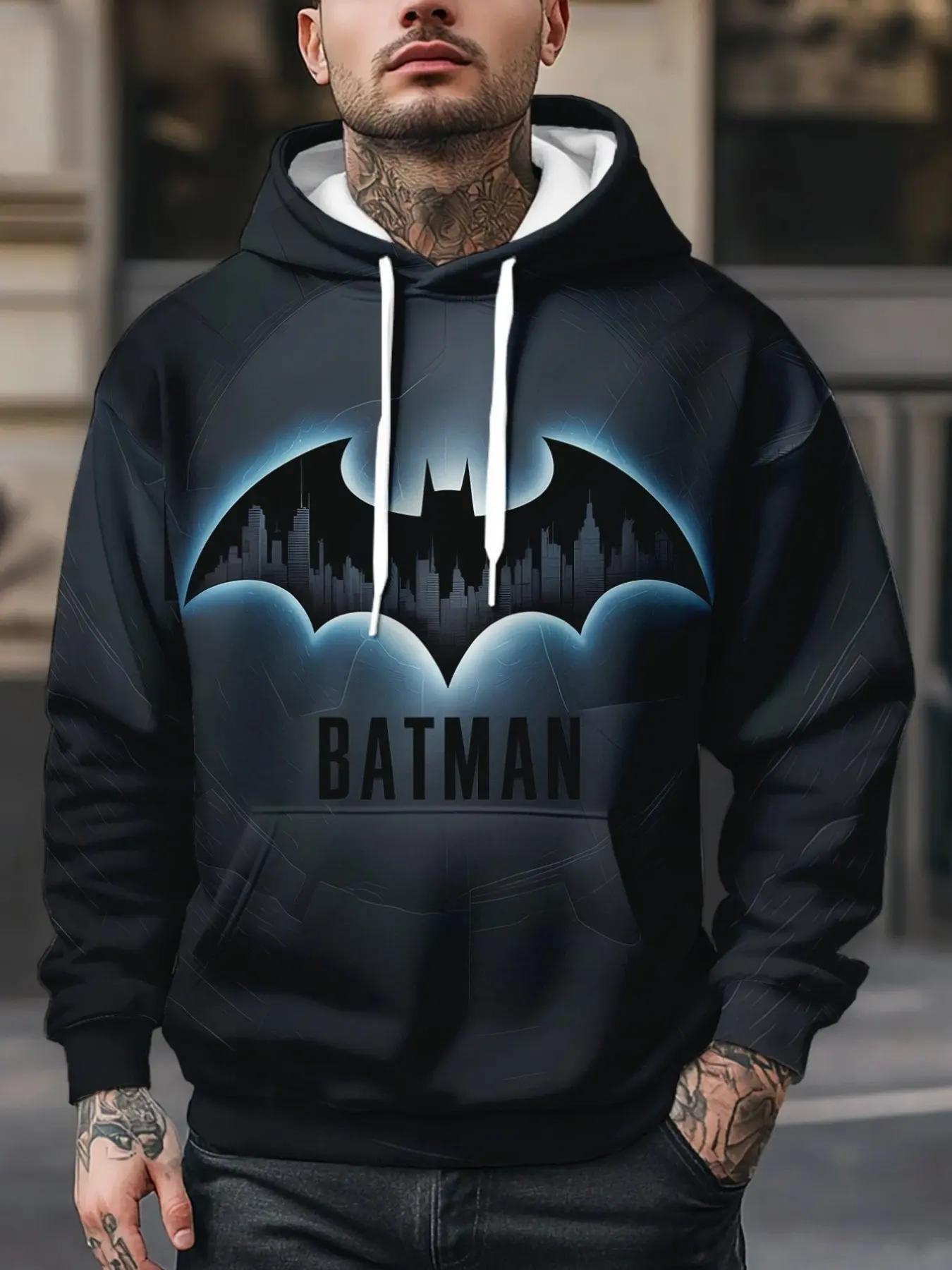New Warner Collaboration Men's Sweatshirt, 3D Batman Print, Casual and Comfortable Hoodie, Perfect for Everyday Wear