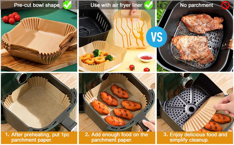 Thicker-Palksky Air Fryer Paper Liners Disposable - 100Pcs Parchment Paper Square, Water-proof, Oil-proof, Non-stick, Free of Bleach for Microwave, Airfryer Accessories (6.3 Inch)