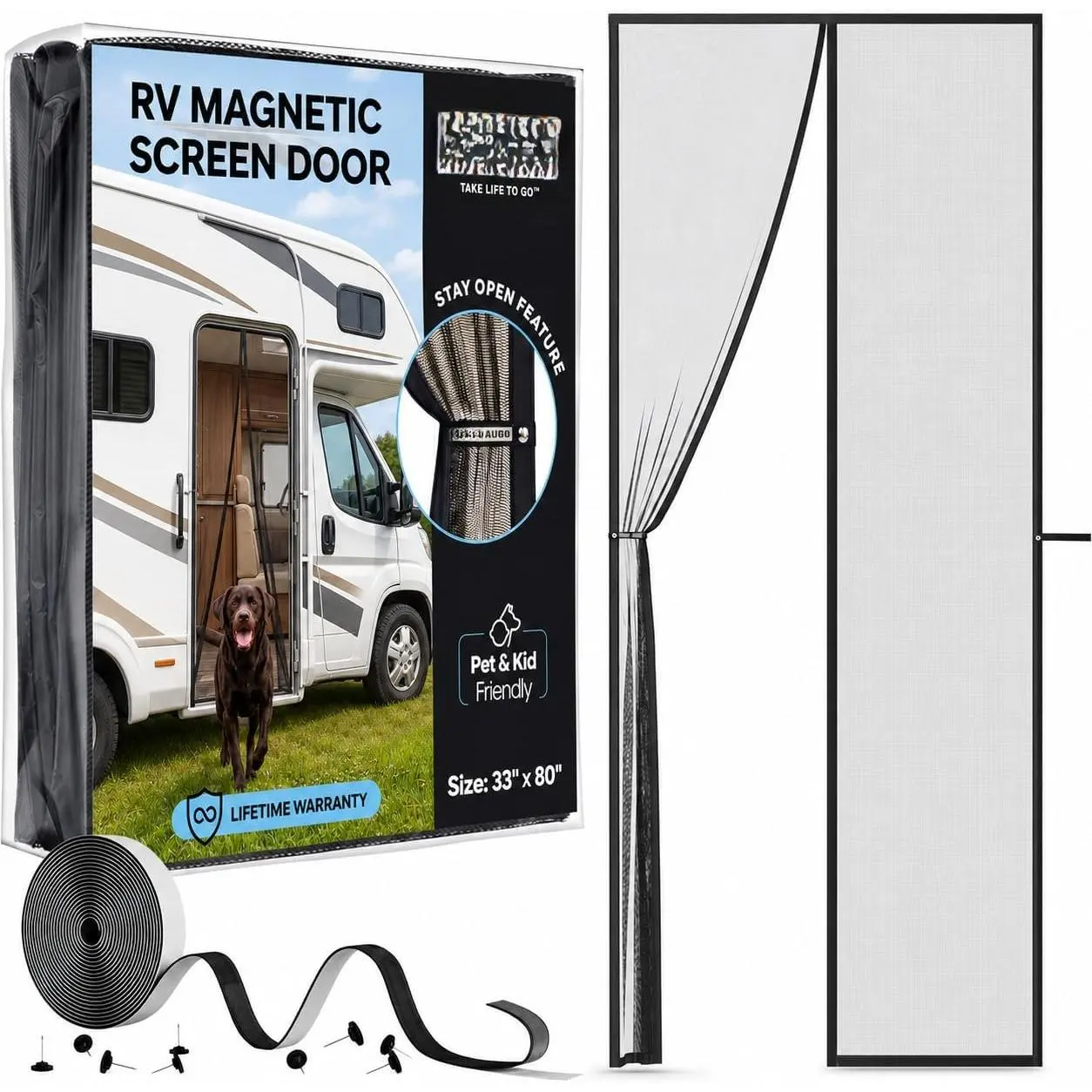 RV Screen Door with  Closure – Self Sealing, Heavy Duty Mesh Camper Screen Door – Free–  and  Friendly – Hands Free with Stay Open Feature for , Motorhomes – 33x80 Inches