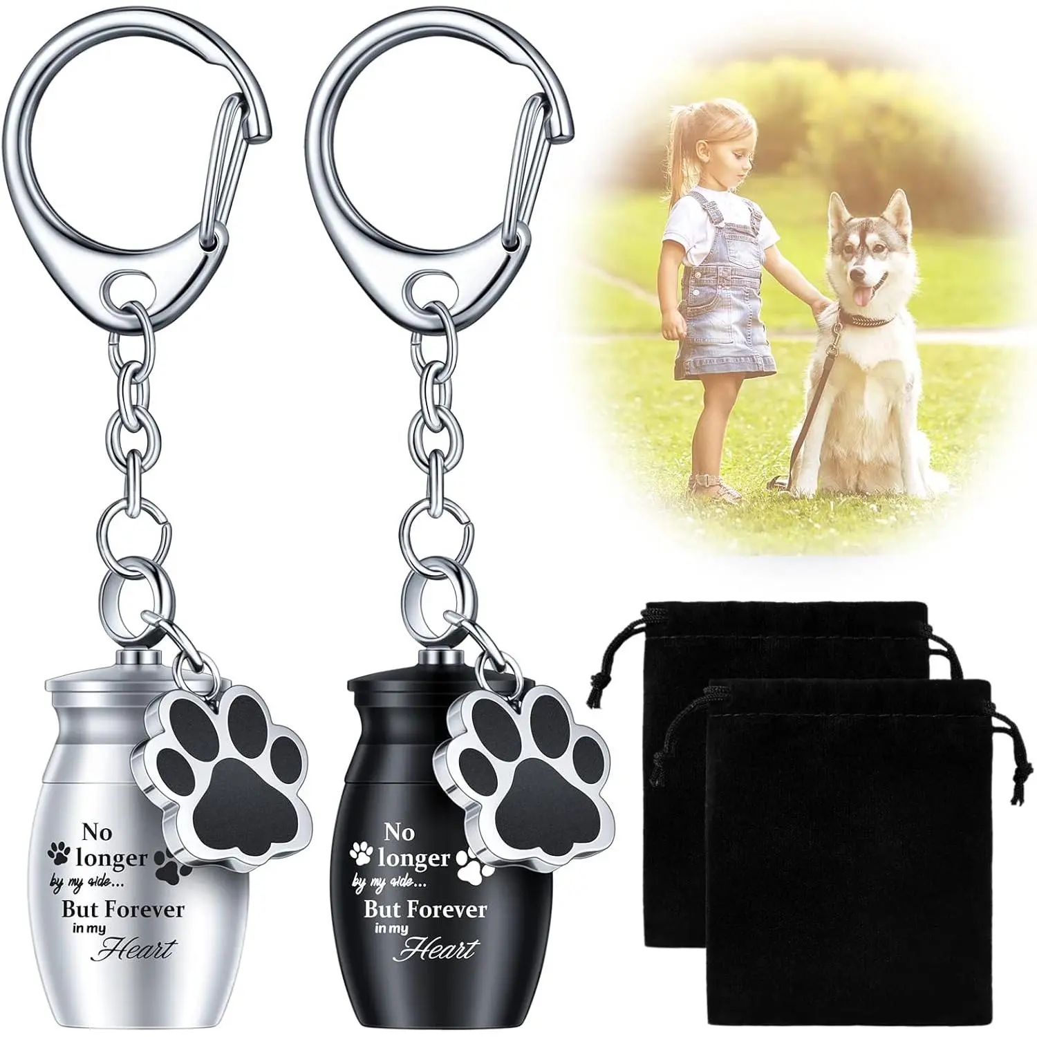 2 Pcs Smooth Elegant Stainless Steel Pet Urn Keychain - 2.76 Inches, 16 mm, 25 mm Paw Print Memorial Jewelry, Portable Ashes Holder for Dogs & Cats, Pet Accessories