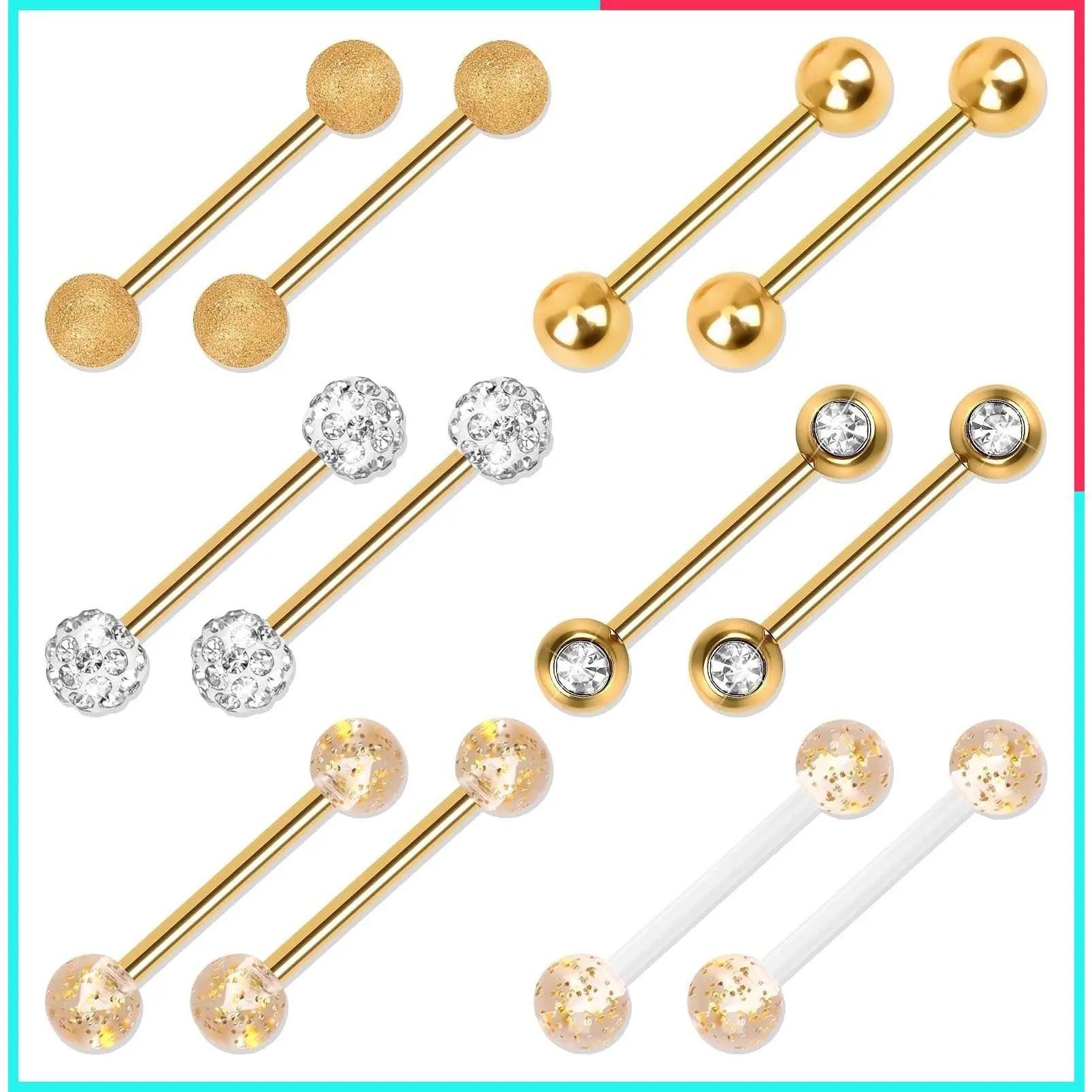 12Pcs 14G Stainless Steel Tongue Ring Barbell Retainer Body Piercing Jewelry