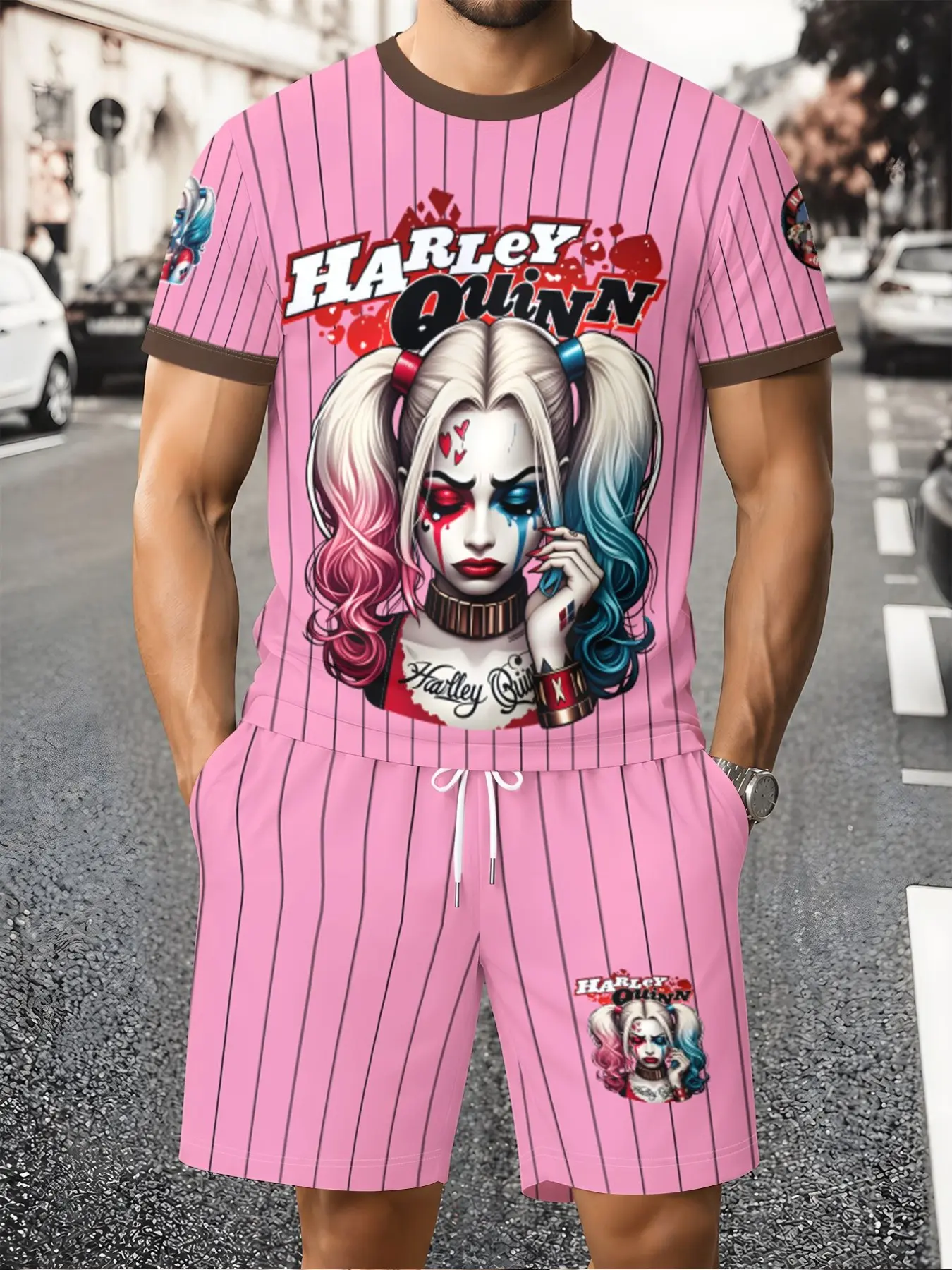 Warner Bros Striped Harley Quinn Two-Piece Set, Unisex Casual Loose-Fit Short Sleeve T-Shirt & Shorts, Streetwear Style