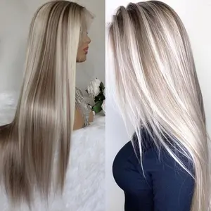 Ladies' light gold dyed long straight wig with gradient high gloss hair, breathable and comfortable for daily parties, fashionable wig cover