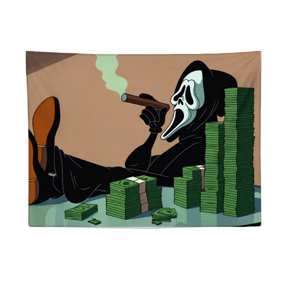 Funny Ghostface Smoking Cigar Tapestry Scream Movie Villain Stacking Cash Money Wall Hanging Hilarious Meme Hustle Bedroom Boy Cave Gaming Room Decor Dorm Banner Decorative Tapestry