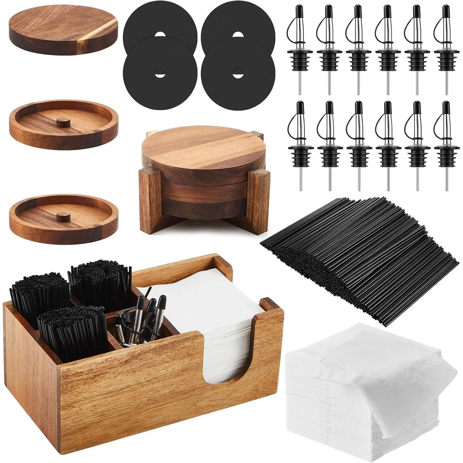 Bar Glass Rimmer Bartender Tool 12 Stainless Steel Bottle Pourers 6 Compartment Bar Caddy 1000 Cocktail Stirrers 200 Napkins 3 Tier Multifunctional Acacia Wood Bar Tool Set