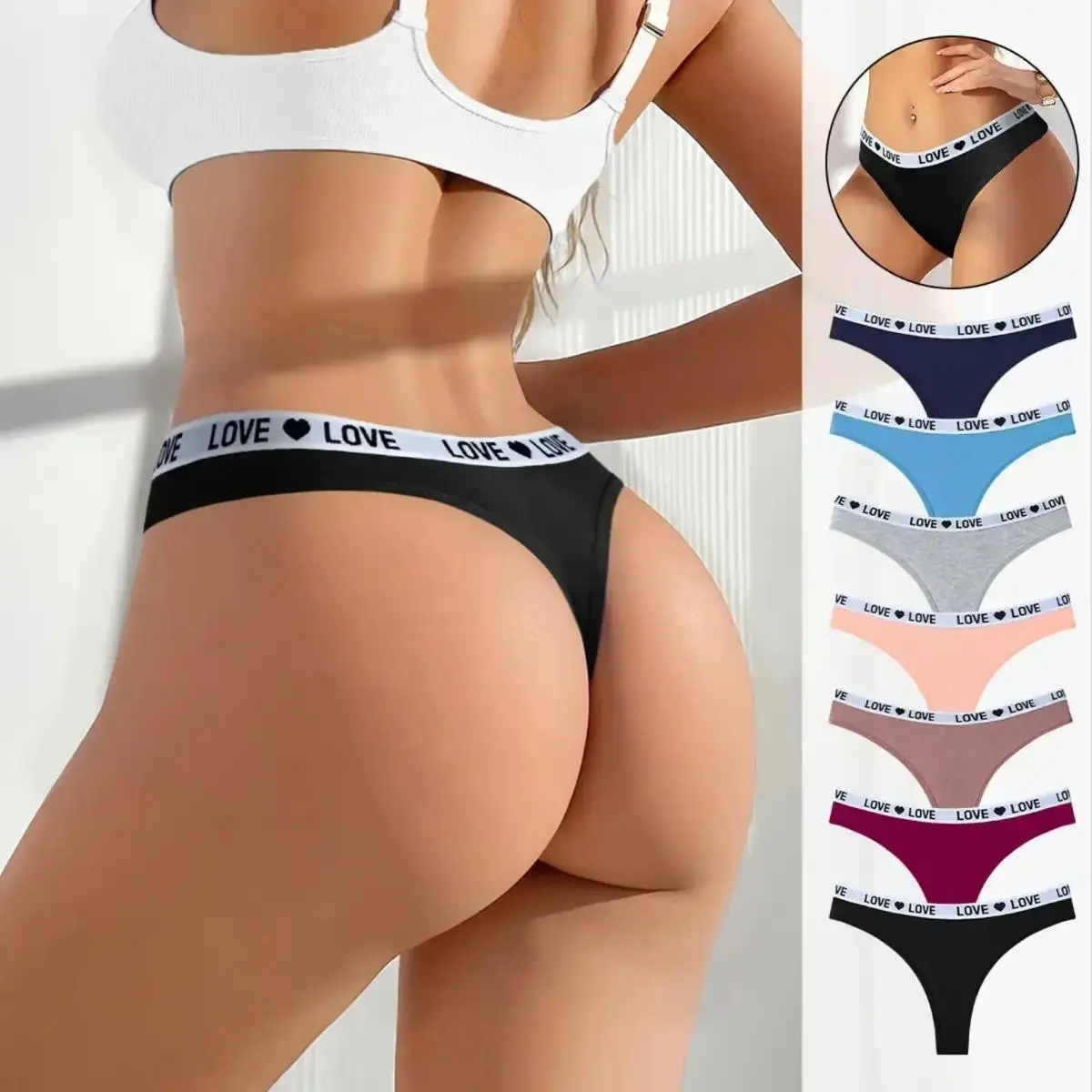 Women’s 7 Pack Low Waist Thong Panties – Cotton Spandex Breathable Underwear, Lingerie, Heart, Low Rise, Cotton Blend, Fabric, Lady, Love