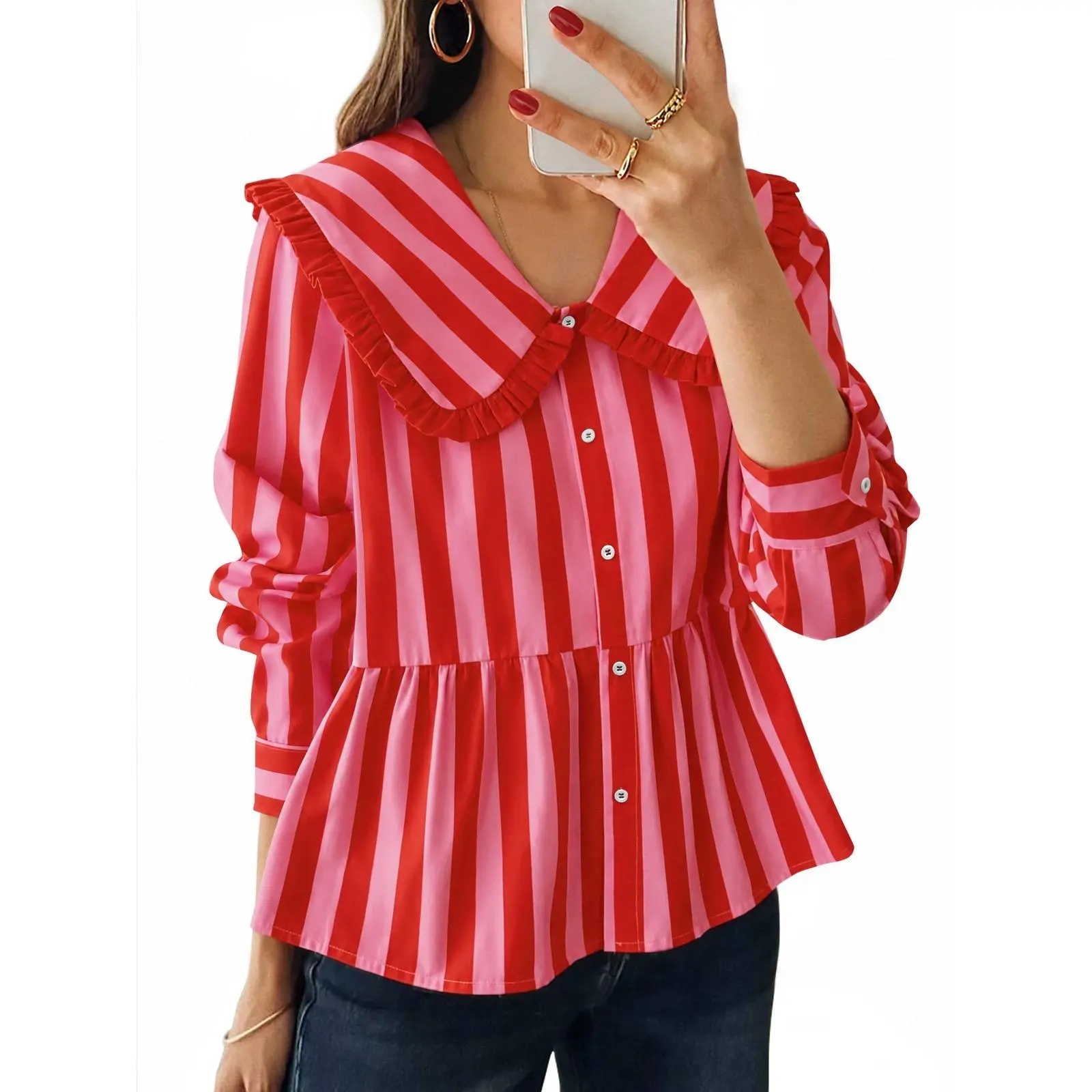 Yousify Women Red Pink Striped Peplum Blouse Ruffle Peter Pan Collar Long Sleeve Button Down Shirt Casual Babydoll Tops