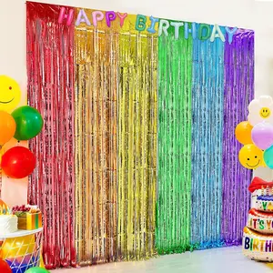 2 Pack Rainbow foil Fringe Backdrop Curtains, 3.3x6.6FT Rainbow Party Decorations Tinsel Backdrop Fringe Curtain Party Streamer for Engagement Graduation Pride  to School