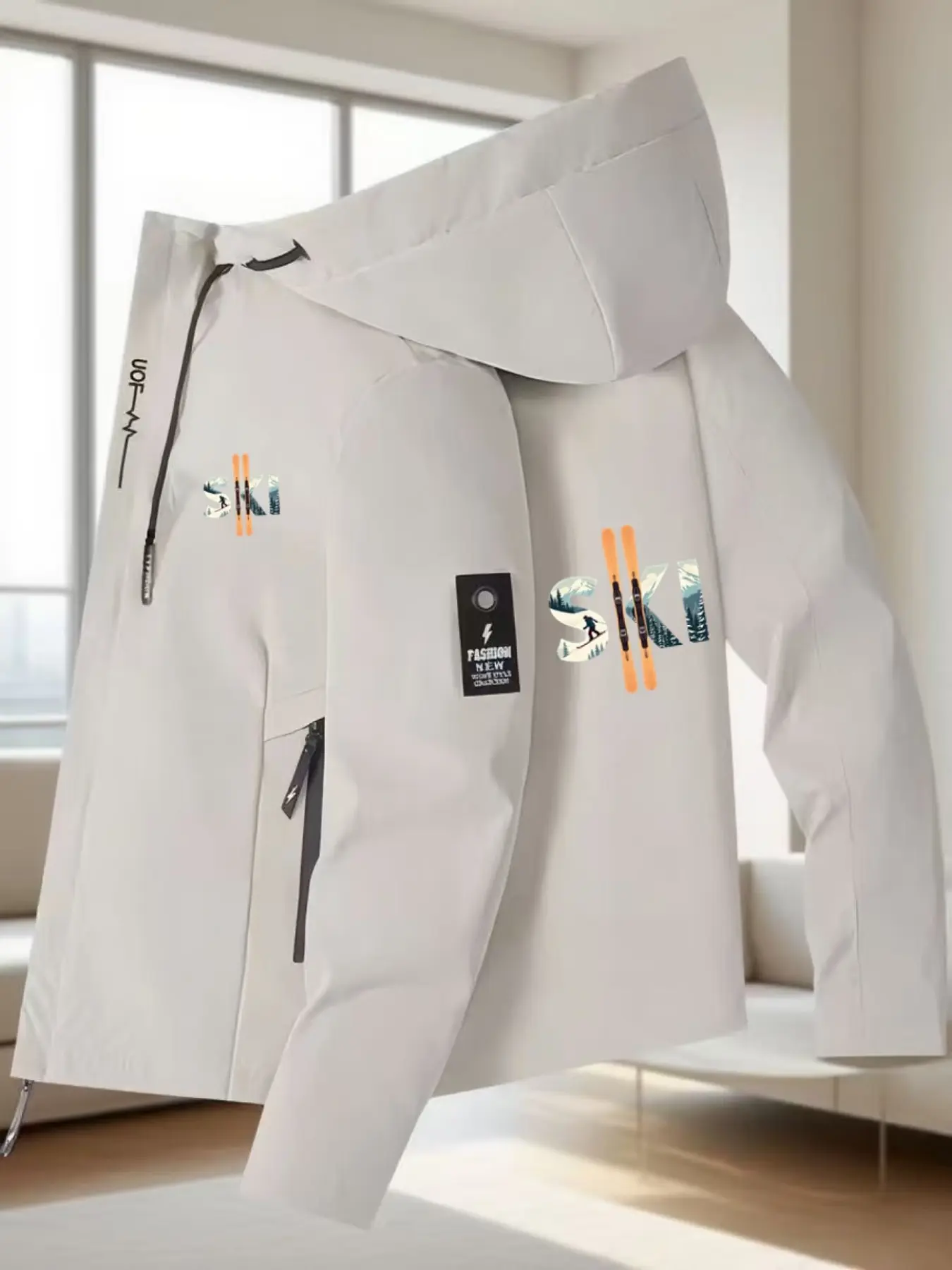 Men's Ski Jacket with Snowboarding Print, Lightweight Windproof Outerwear, Full Zip Hooded Design, Ideal for Skiing and Snowboarding