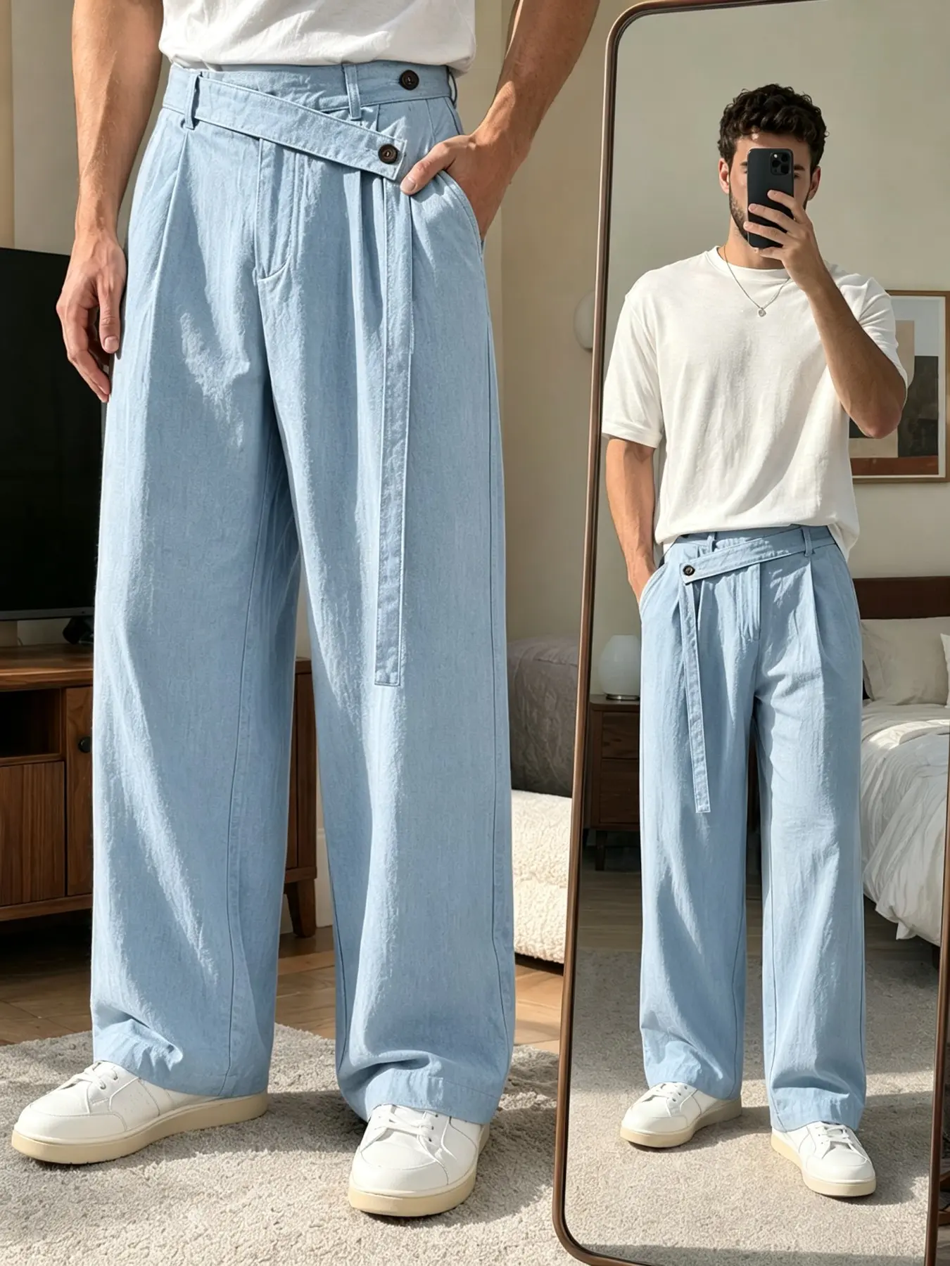 Men's Cotton Linen Straight Leg Pants, High Waist Buttoned Waistband with Tie, Loose Fit, Breathable, Spring Summer Streetwear
