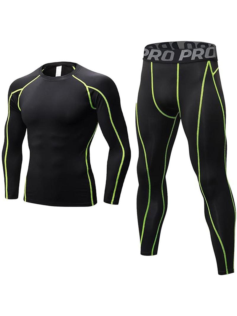 Men's Letter Tape Thermal Underwear Set, Long Sleeve Compression Top & Leggings, Casual Comfy Warm Underwear Set for Fall & Winter