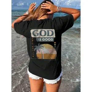 Unisex Baggy Denim Cowboy Vibe Cotton T-Shirt - Women's Summer New Coconut Tree & Sunset "God Is Good All The Time" Slogan, Casual Round Neck Short Sleeve Oversized Graphic Top