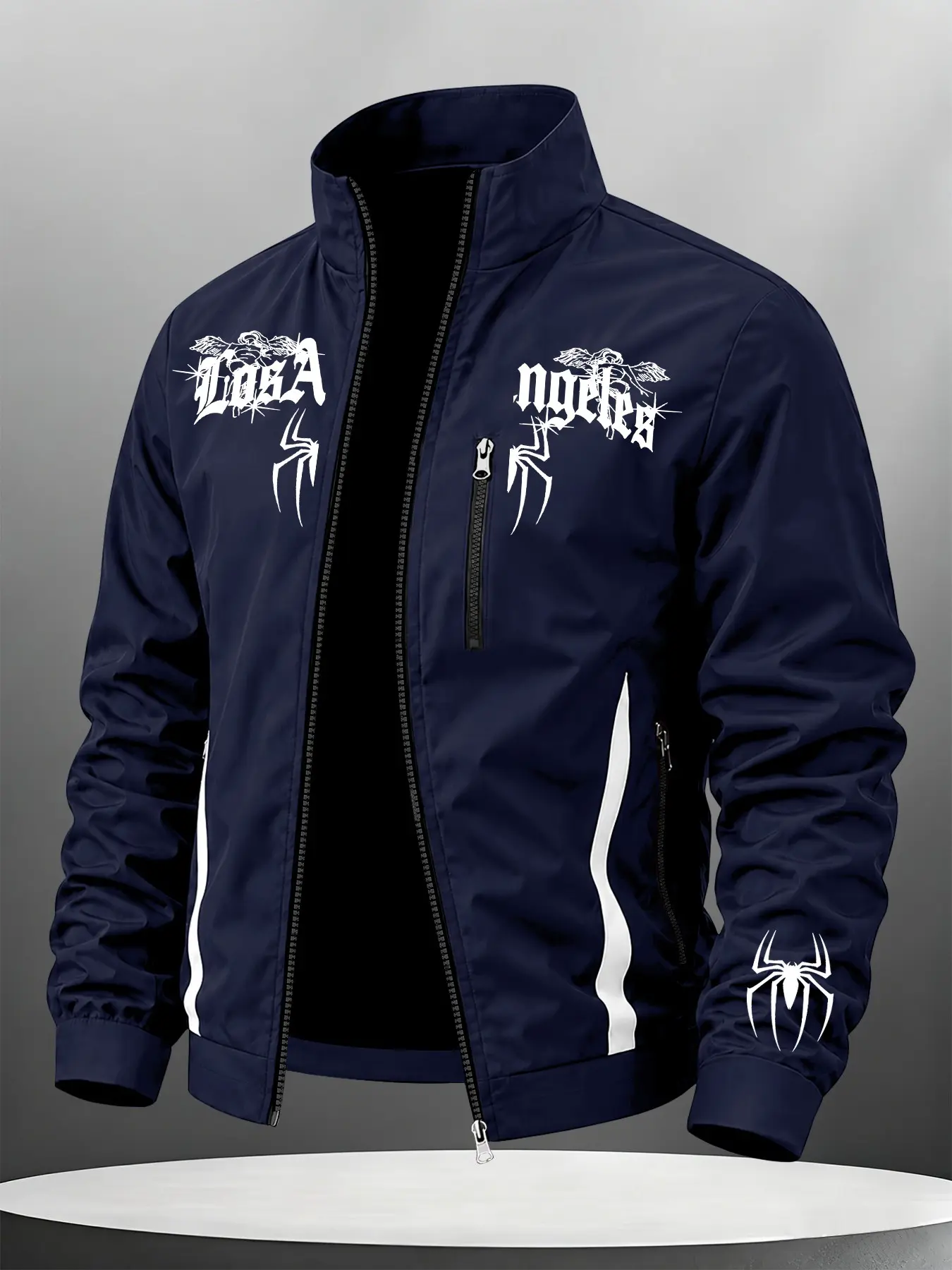 Urban Gothic Spider Pattern Men's Patchwork Jacket, Design Zipper, Outdoor Sports Essential, Casual Loose-Fit Long Sleeve Outerwear