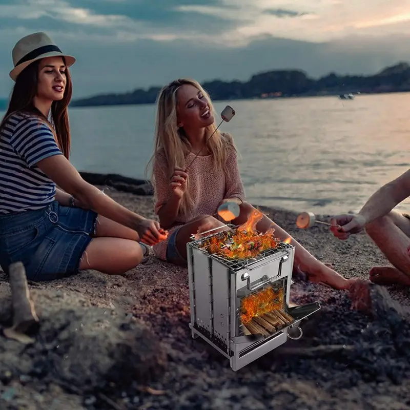 Portable Foldable Camping Stove Stainless Steel Grid, Collapsible Backpacking Stove Survival Rocket Stove for Hiking Outdoor Tent Camping Picnic BBQ Outdoor Camping Cooking