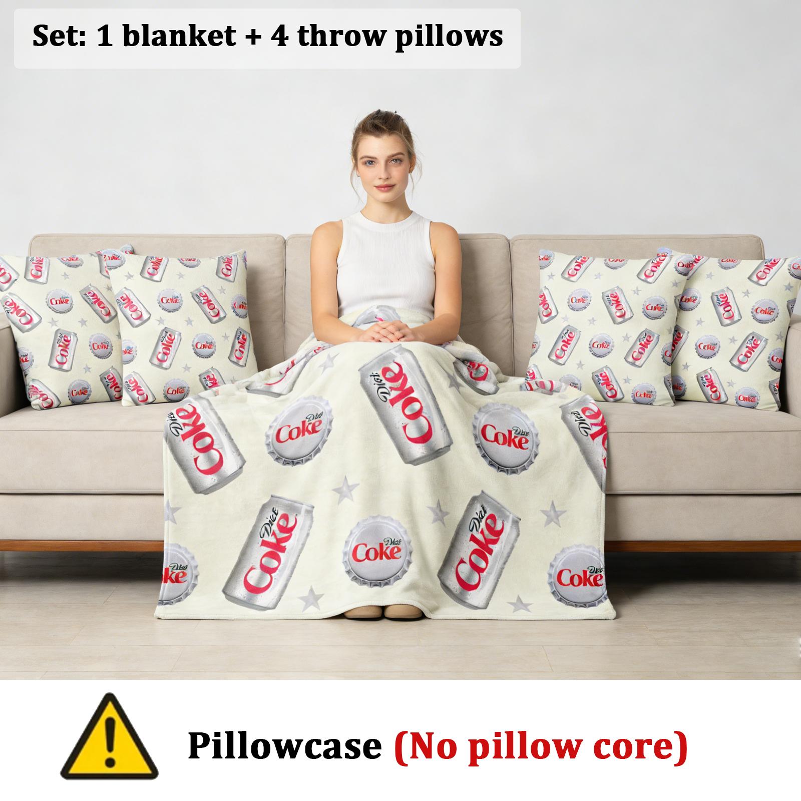Diet Coke Can & Bottle Cap Vintage Throw Blanket and Throw Pillow Cover without Pillow Core Set-Soft Cozy Diet Coke Home Decor Set for Soda Lovers, Unique Diet Coke Gift for Her,Home Decor Bundle for Bedroom
