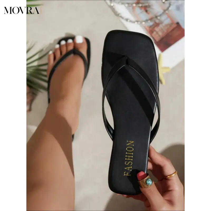 MOVRA1 Women's Premium Faux Leather Plain Open Toe Slip-On Thong Flip Flops - Soft Cushioned Insole, Non-Rubber Waterproof Footwear for Beach Walk, Holiday