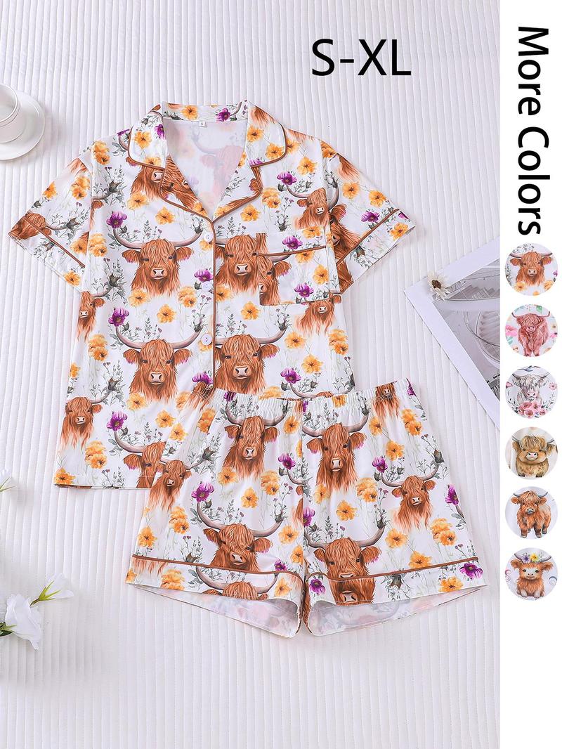 Women's All Over Print Pajama Two-piece Set, Casual Comfy Short Sleeve Top & Elastic Waist Shorts Loungewear Set, Ladies Summer Sleepwear