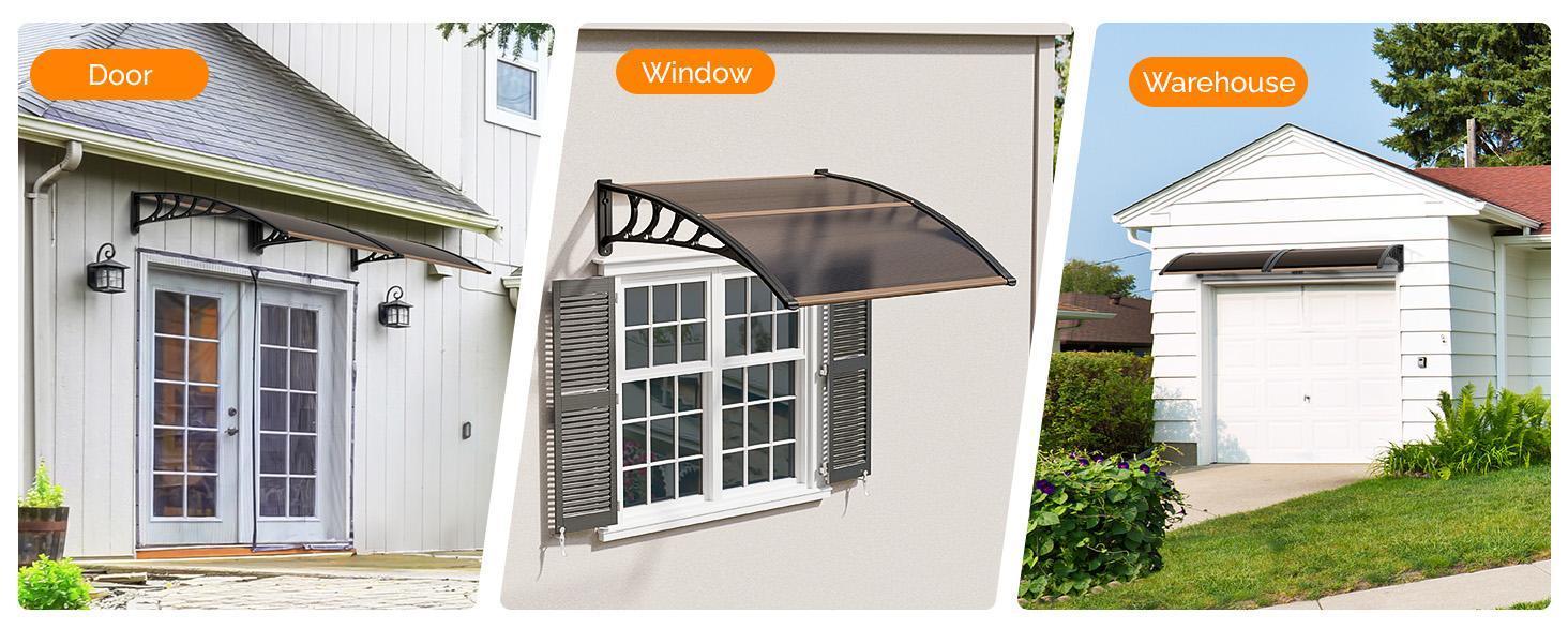 Karlhome Window Awning Door Canopy, 80*38 inch Window Awning Overhead Modern Polycarbonate Cover Outdoor Front Porch Patio Canopy UV Rain Snow Sunlight Protection Hollow Sheet/Brown
