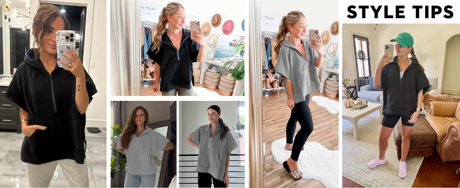 FMEYOA Womens Oversized Half Zip Hoodies Short Sleeve Casual Sweatshirts Pullover Tops with Pockets