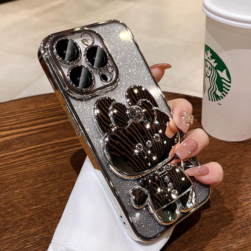 Glitter Bunny Phone Case with Stand & Mirror for iPhone 17 | Cute Silicone Protective Cover | Sparkly Bling Rabbit Case with Kickstand