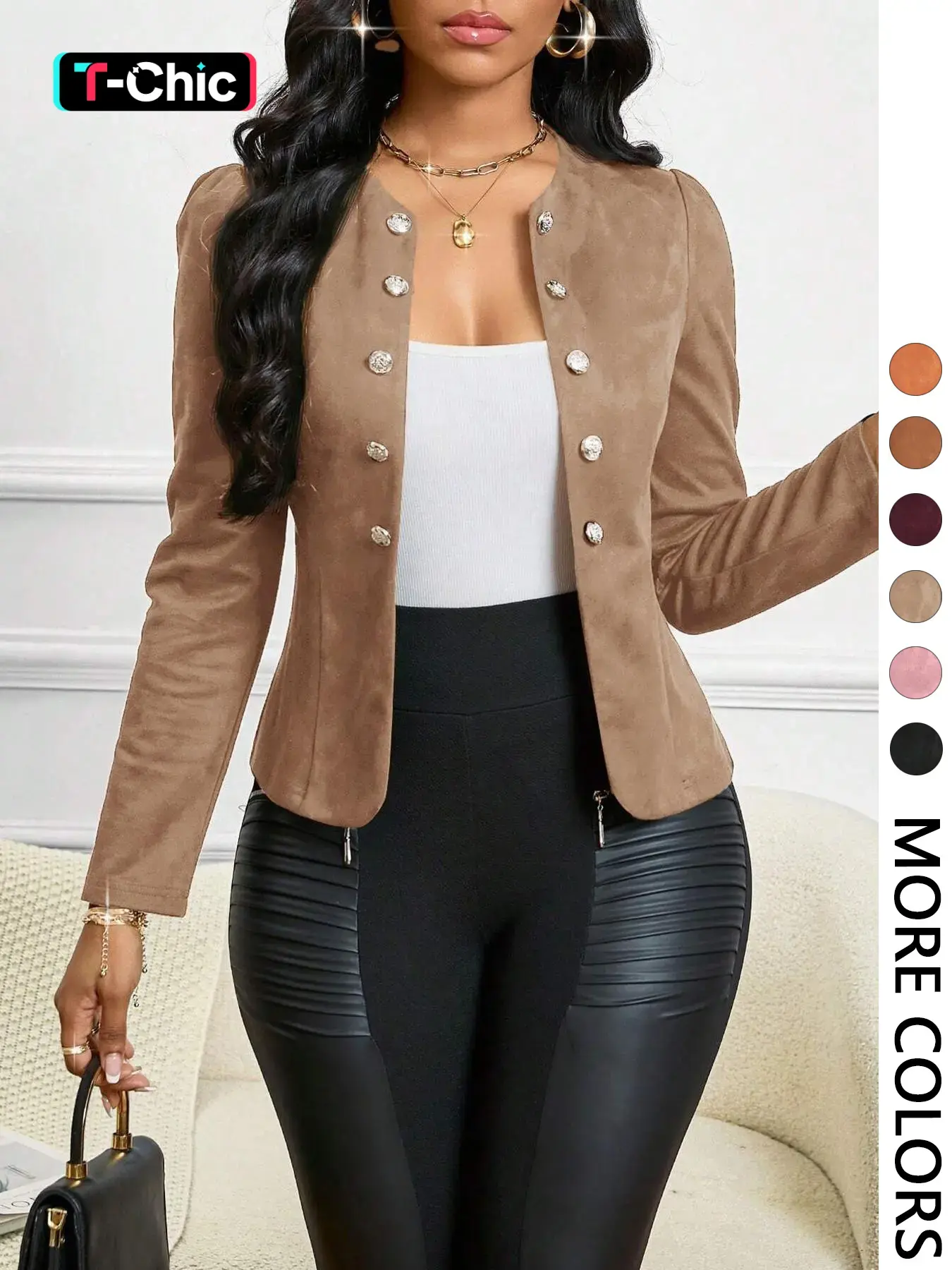 Women's Tan Suede Pearl Button Blazer, Faux Suede Fabric & Decorative Pearl Buttons & Puff Shoulders & Tailored Fit & Multiple Color Options, 1pc Napoleon/Hussar Jacket, Highland Exclusive