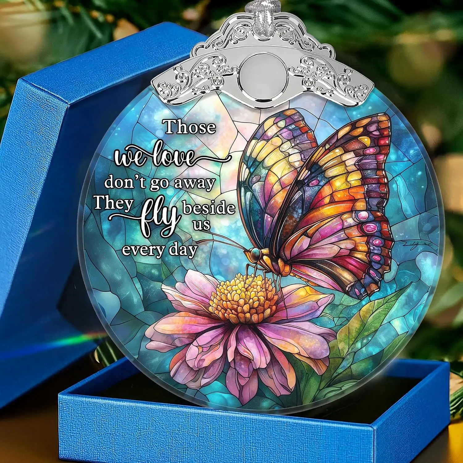Butterfly Memorial Glass Christmas Ornament - Light, Modern, Durable Synthetic Festive Tree Decor, Sympathy Bereavement Gift for Women, Boxed with Ribbons