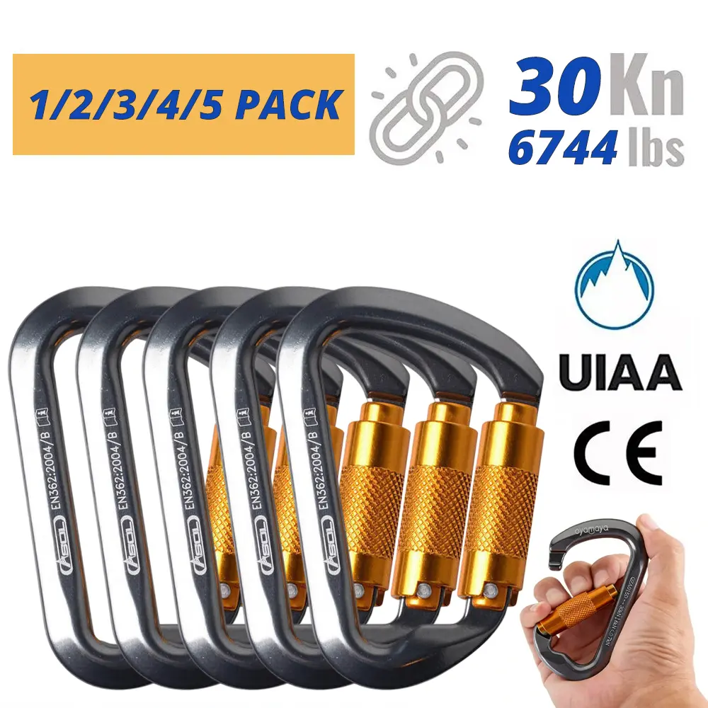 30KN Auto Locking Climbing Carabiner Clips, Twist Lock, Heavy Duty Carabiners for Rock Climbing, Rappelling, and Mountaineering, D Shaped