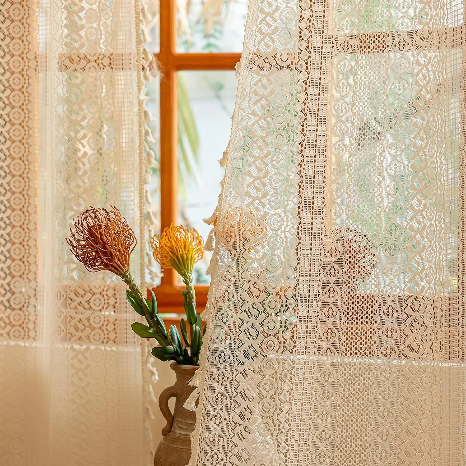 Beige Boho Lace Curtains 84 inches Long,Crochet Macrame Bohemian Drape Farmhouse Vintage Chic Tassels,Cream Sheer Window Curtains for Living Room&Bedroom Decor Rod Pocket, 2 Panels 50" W