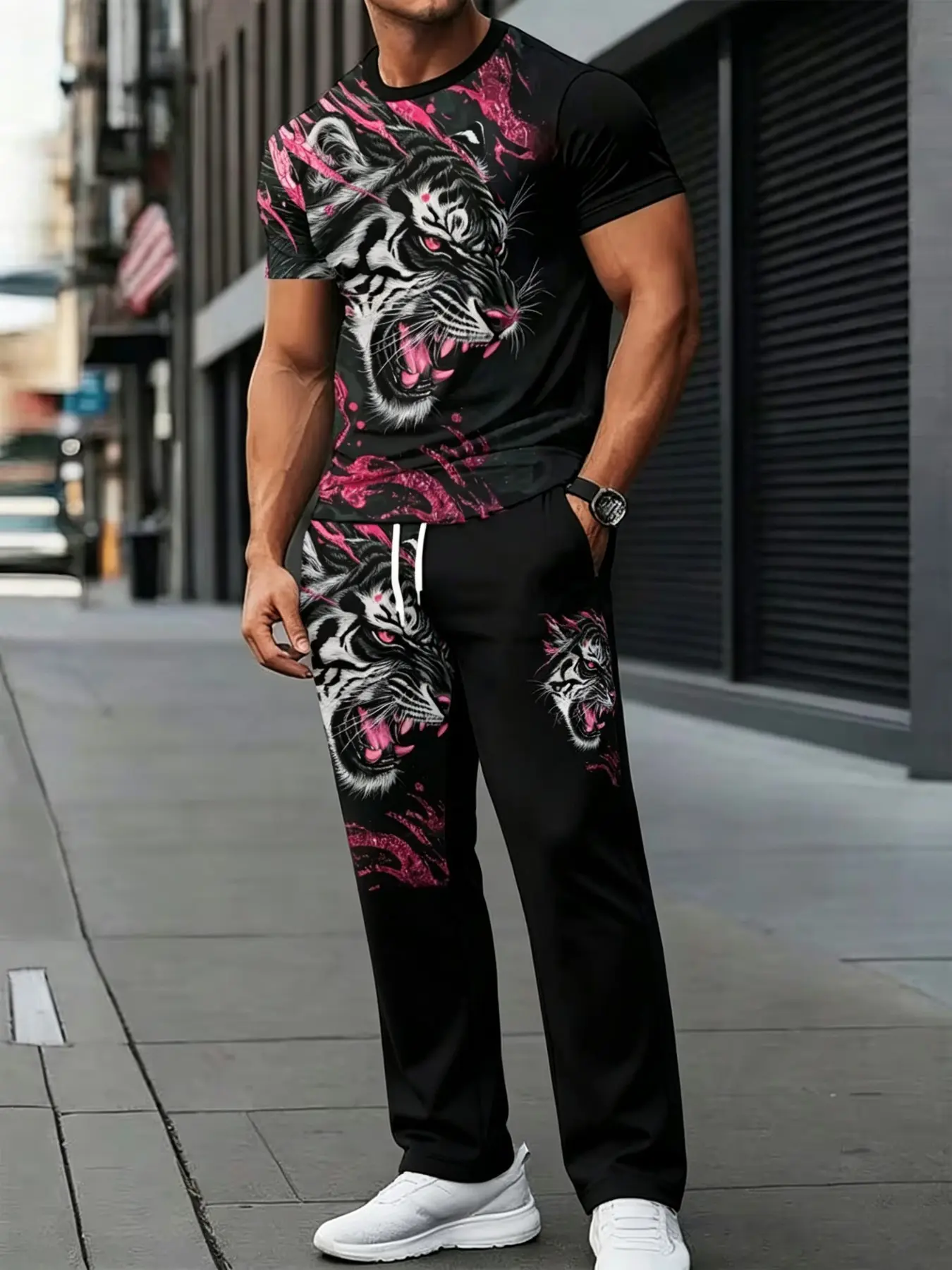 Two piece set of men's round neck short sleeved pants with cool beast avatar pattern, personalized street daily outfit