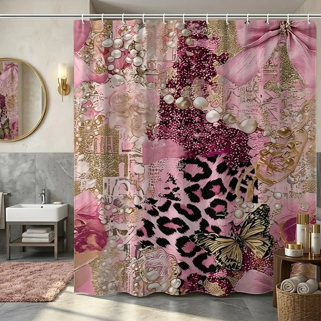 1pcs Girly Pink Leopard Print Elegant Aesthetic Shower Curtain, Collage Big Pink Bow Golden Butterfly Pearl Glitter Floral Bathroom Curtain, Glam Vintage Fashion Bath Divider for Galentine’s Day Modern Chic Home Washroom Decor