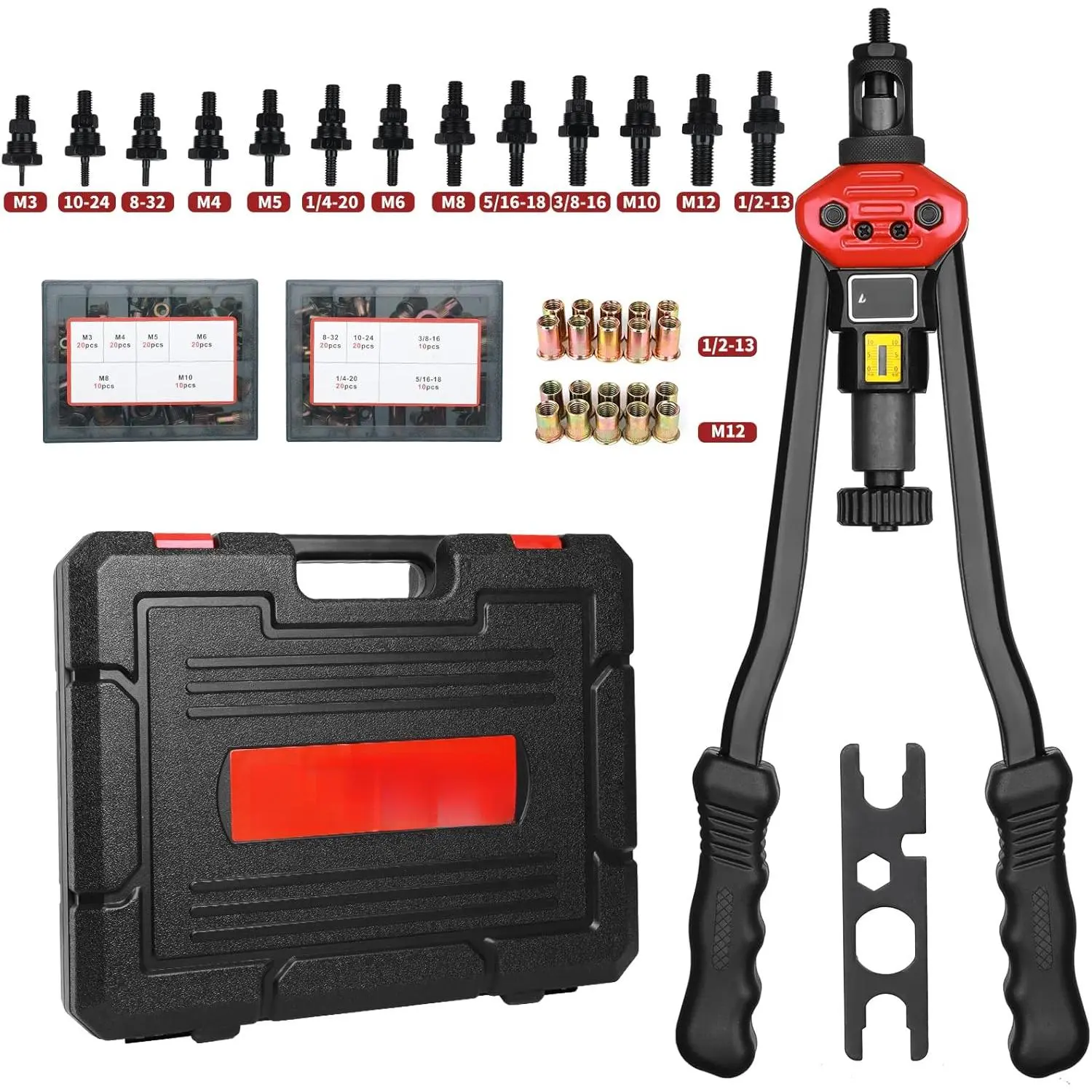 16" Rivet Nut Tool, Rivnut Tool Kit with 13 Metric and SAE Mandrels, Nutsert Rivet Tool Set with 200Pcs Rivnuts, Threaded Insert Hand Riveter with Rugged Carrying Case
