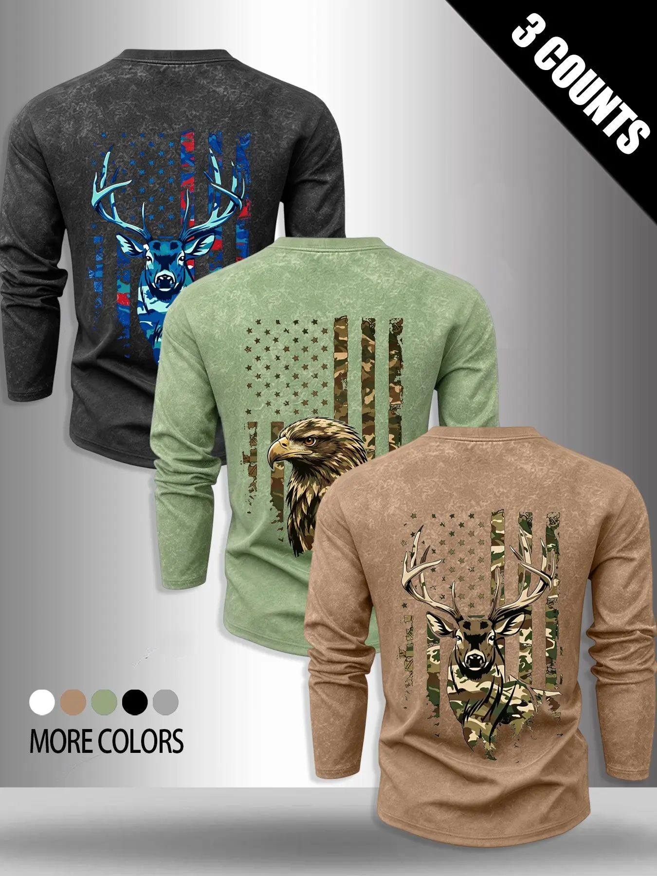 Three-Piece Camouflage Flag Deer Eagle Animal Print Long Sleeve T-Shirt, Loose-Fit Outdoor Hunting Top, Men's Fishing Camping Shirt