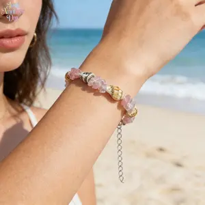 Bohemian Ocean Style Bracelet, Handmade Natural Shell & Pink Crystal Beaded Bracelet, Adjustable Chain Summer Beach Jewelry, Unique Hippie Style Accessory