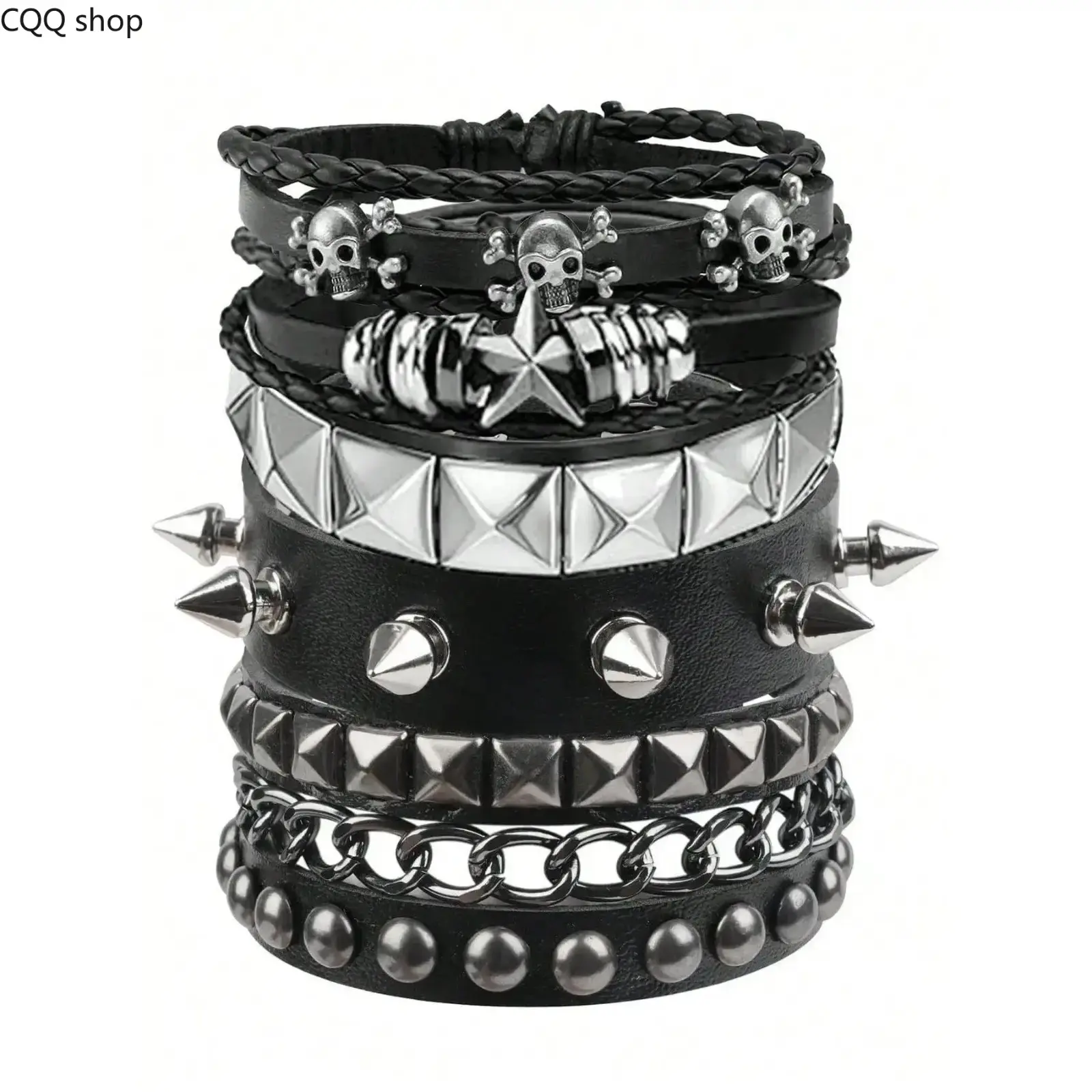 Y2K Punk Bracelet Set, 5PCS PU Leather Studded Rivet Wristbands, Gothic Grunge Stackable Cuff Bracelets, Adjustable Spiked Jewelry for Concert, Festival, Cosplay, Streetwear Party Outfit