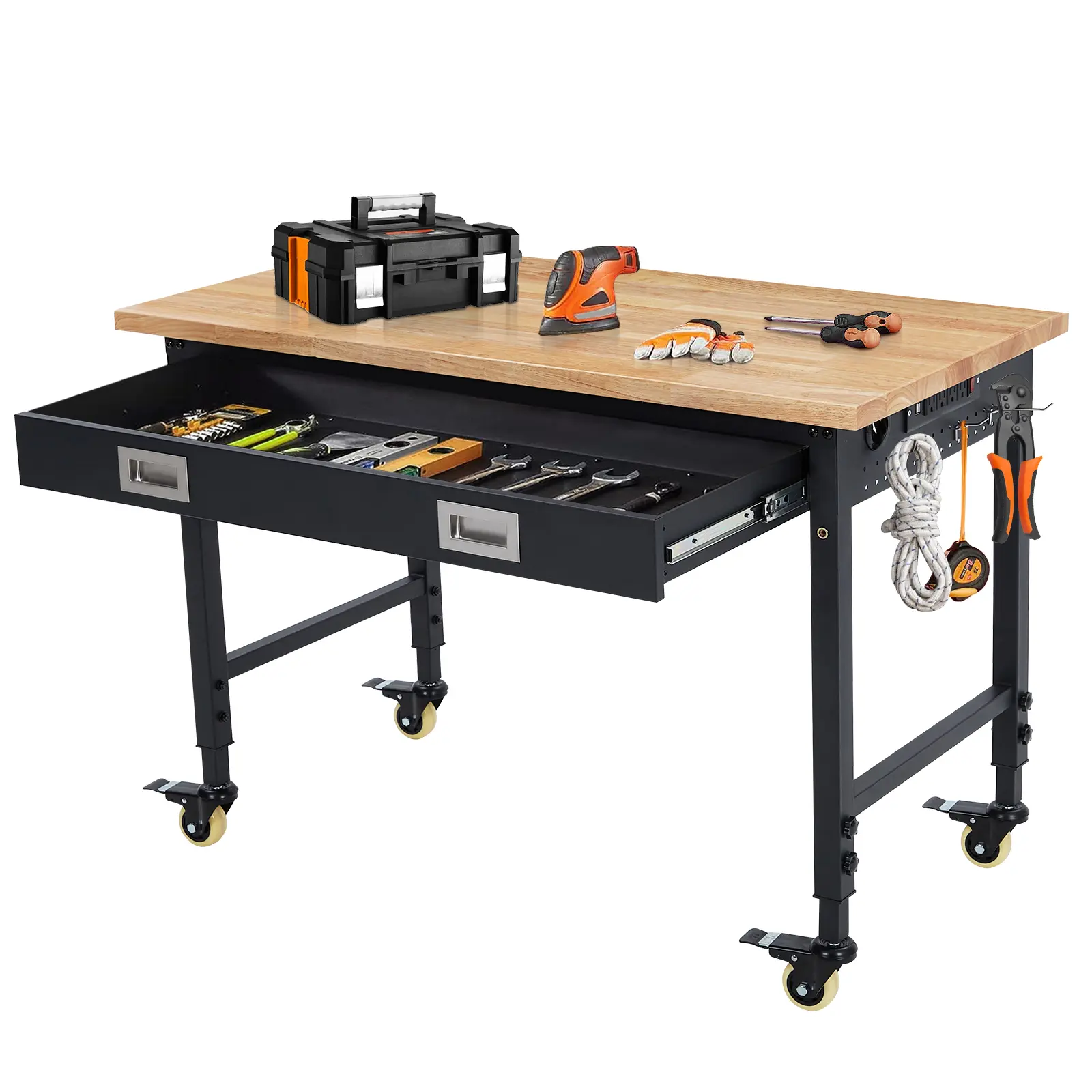 48 Inch Adjustable Height Workbench with Power Outlets, Heavy Duty Rubberwood Top, 2000lbs Capacity, Rolling Garage Work Table with Pegboard & LED Light, DIY Station