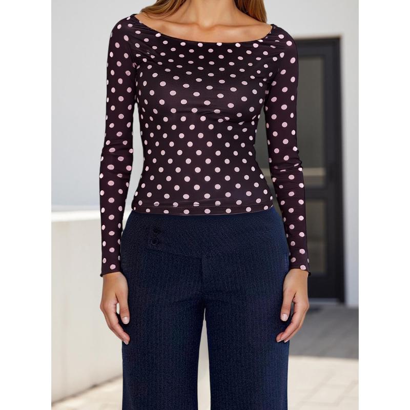 Women's Dot Print Crop Top | Fall Long Sleeve Crewneck Pullover, Casual Going Out Shirt