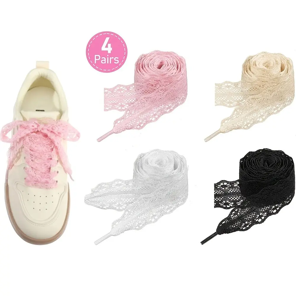 4 Pairs Lace Edge Shoe Laces, Flat Soft Shoelaces, Floral Lace Ribbon Shoelaces, Suitable for Women, Non-Battery Version