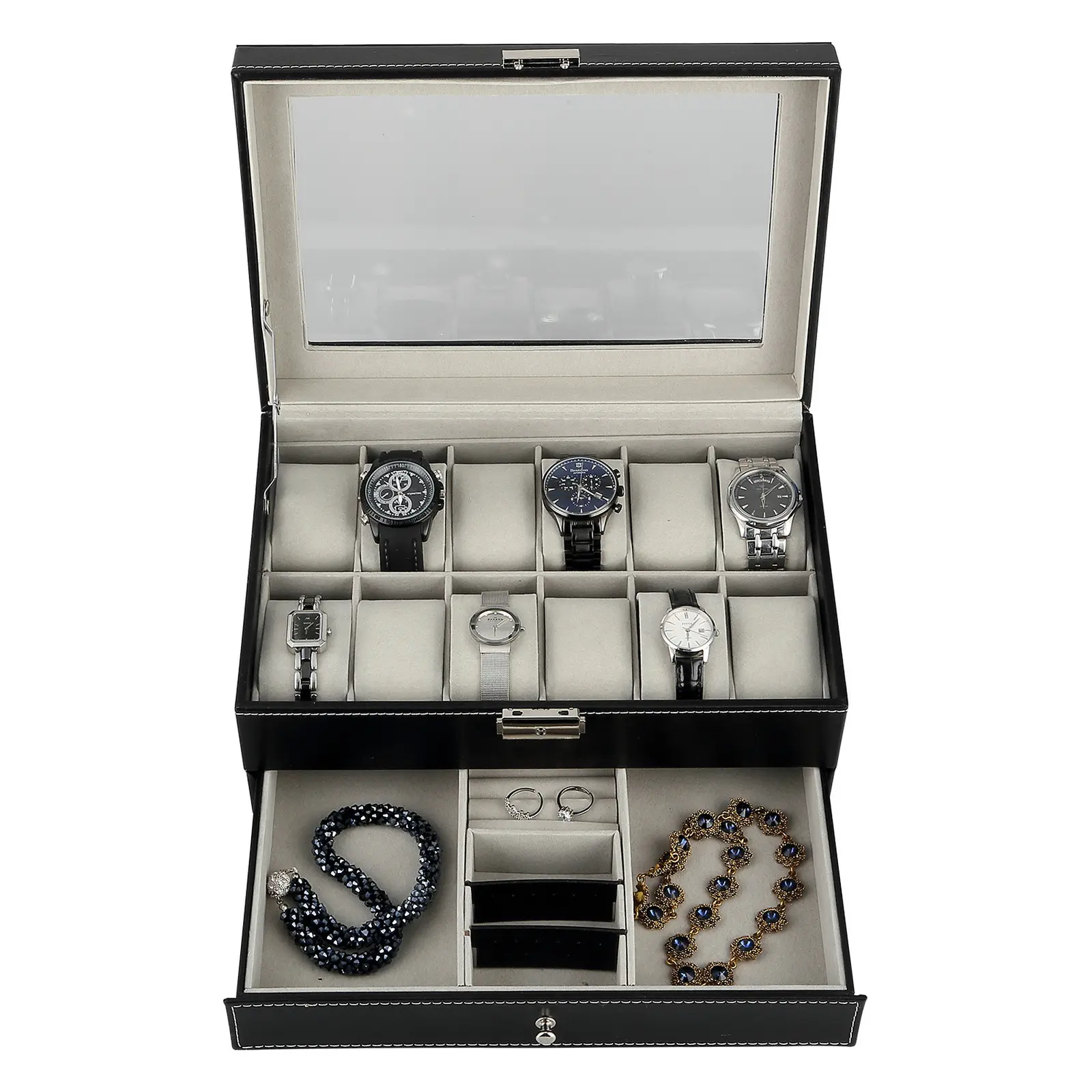 Uten Watch Box, 2-layers, 12 Slots PU Leather Watch Display Case with Jewelry Drawer, Removable Watch Pillow, Metal Clasp, Watch Box Organizer