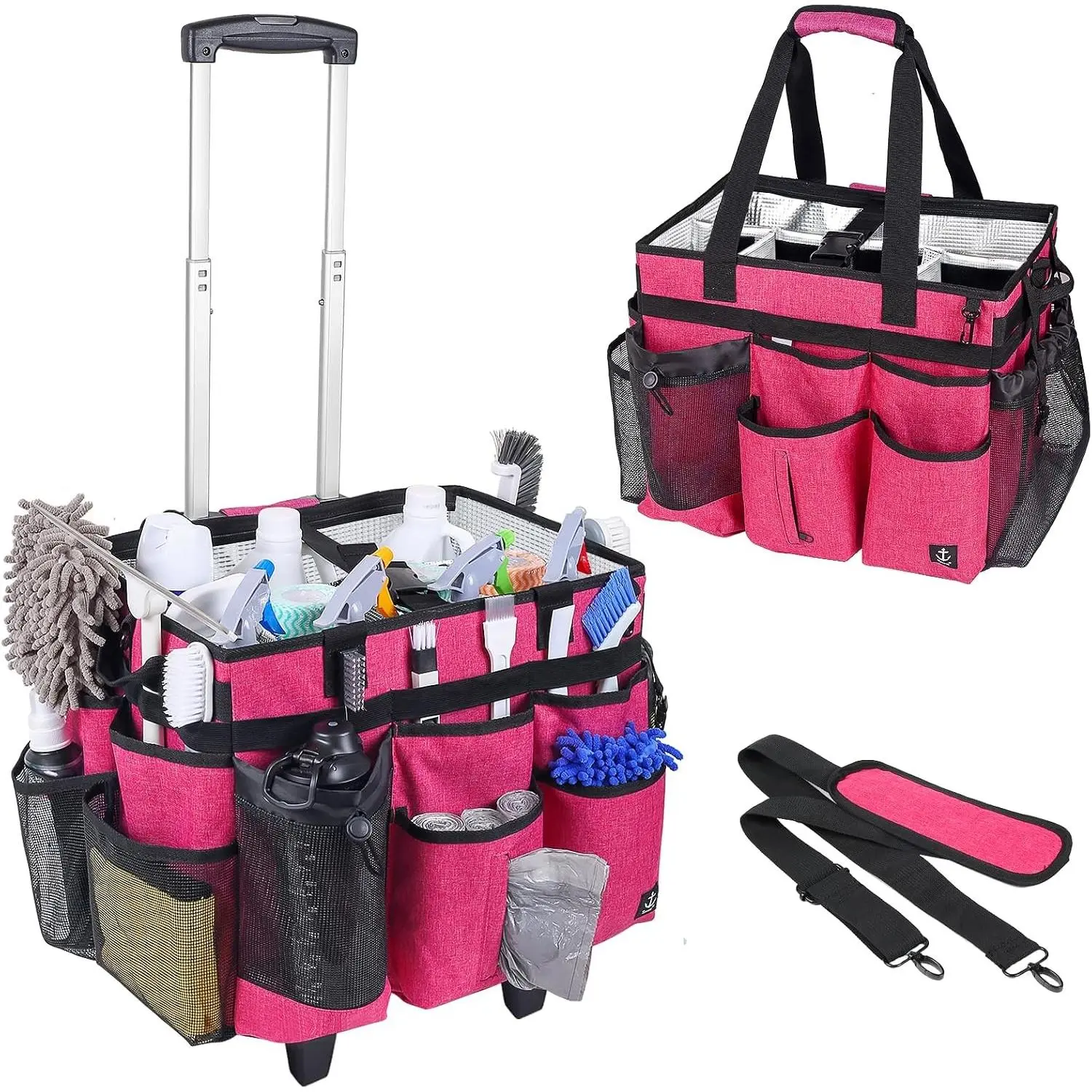 Extra large Rolling Cleaning caddy bag Built-in Hard Support Board,Cleaning Cart with Detachable Trolley, Housekeeping Cleaning caddy with Adjustable Shoulder Strap and Multiple Storage Pockets