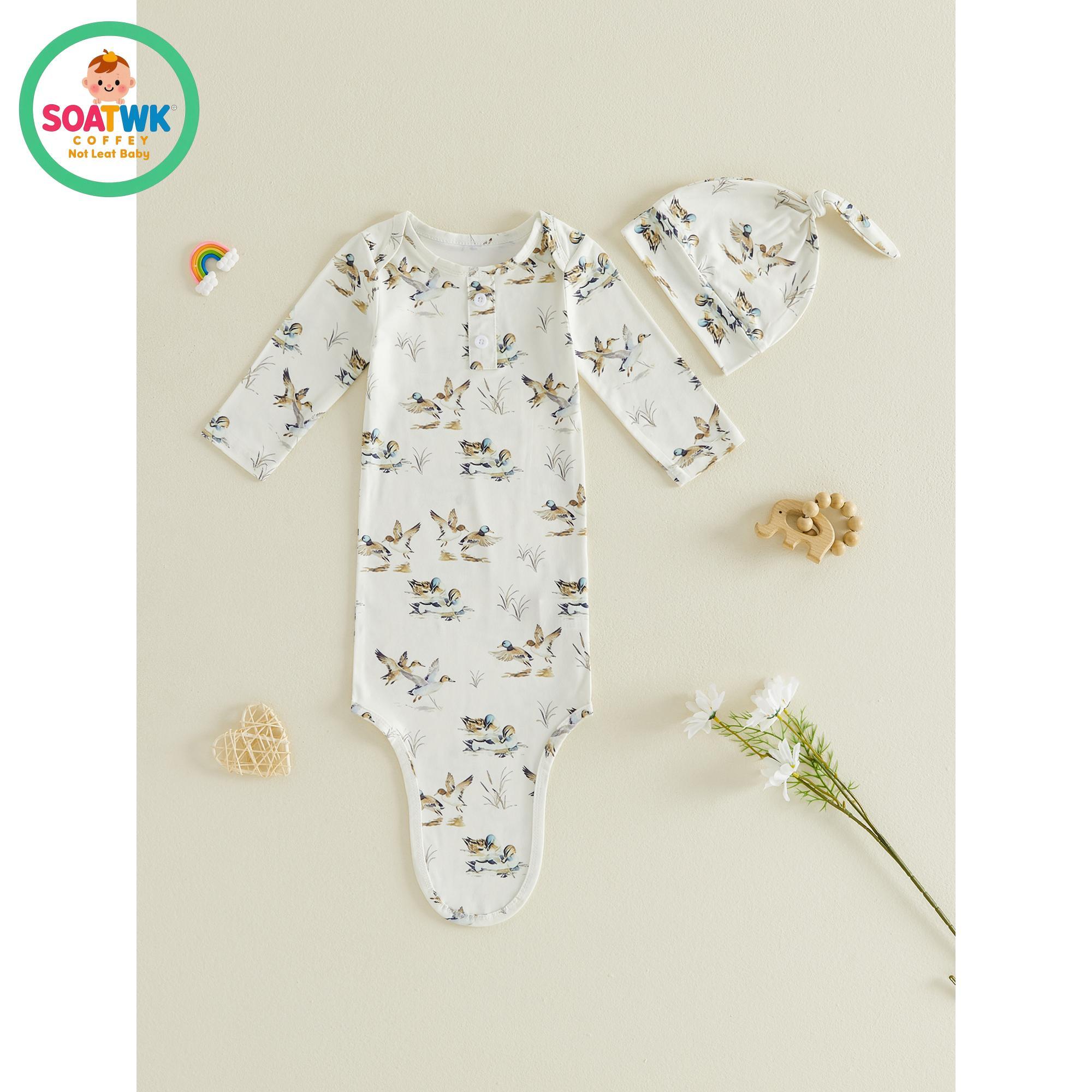 Baby Boy Sleeping Bag with Hat Cute Duck Print Newborn Knotted Gown Infant Swaddle